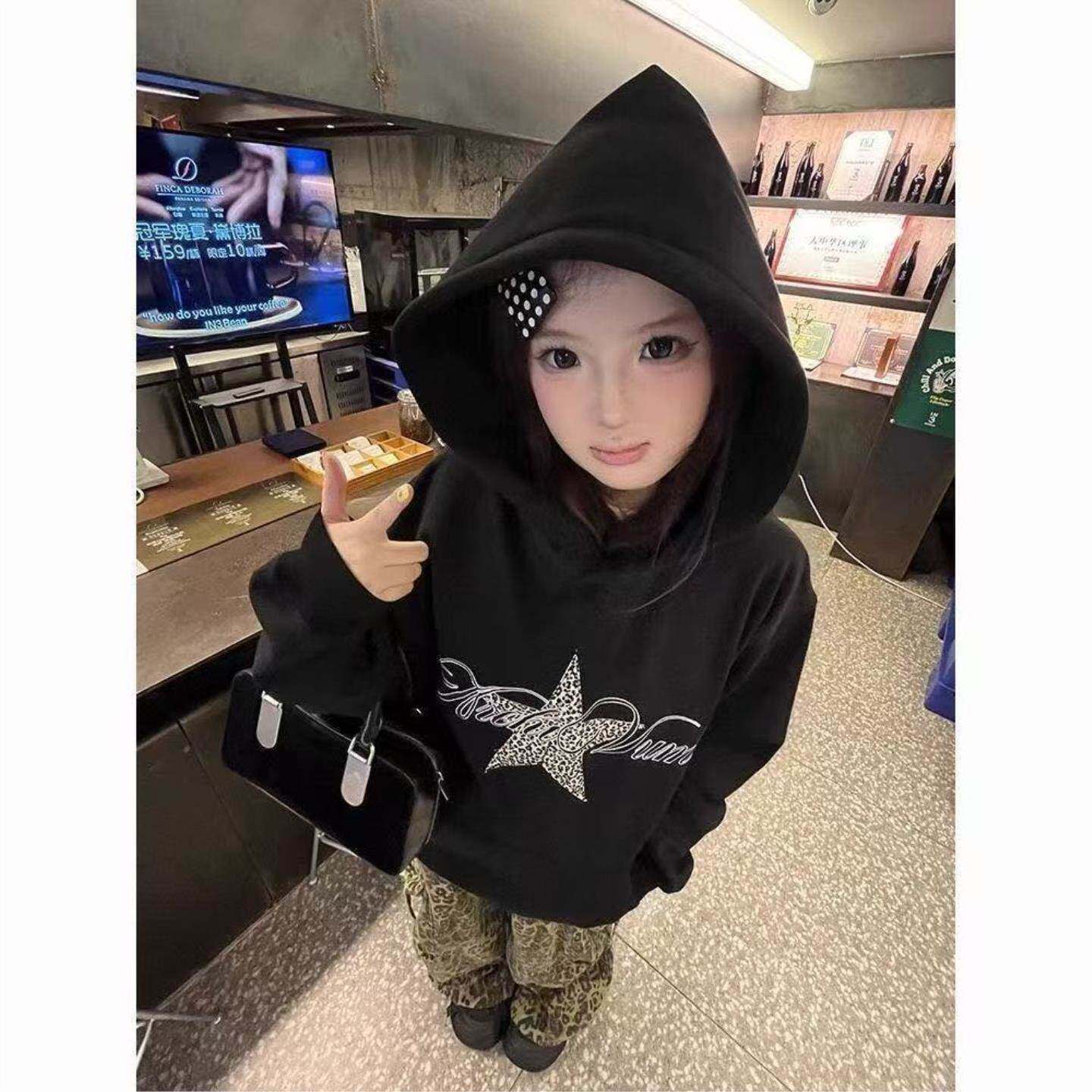 新款重磅豹纹星星卫衣女春秋薄款宽松美式复古连帽上衣外套