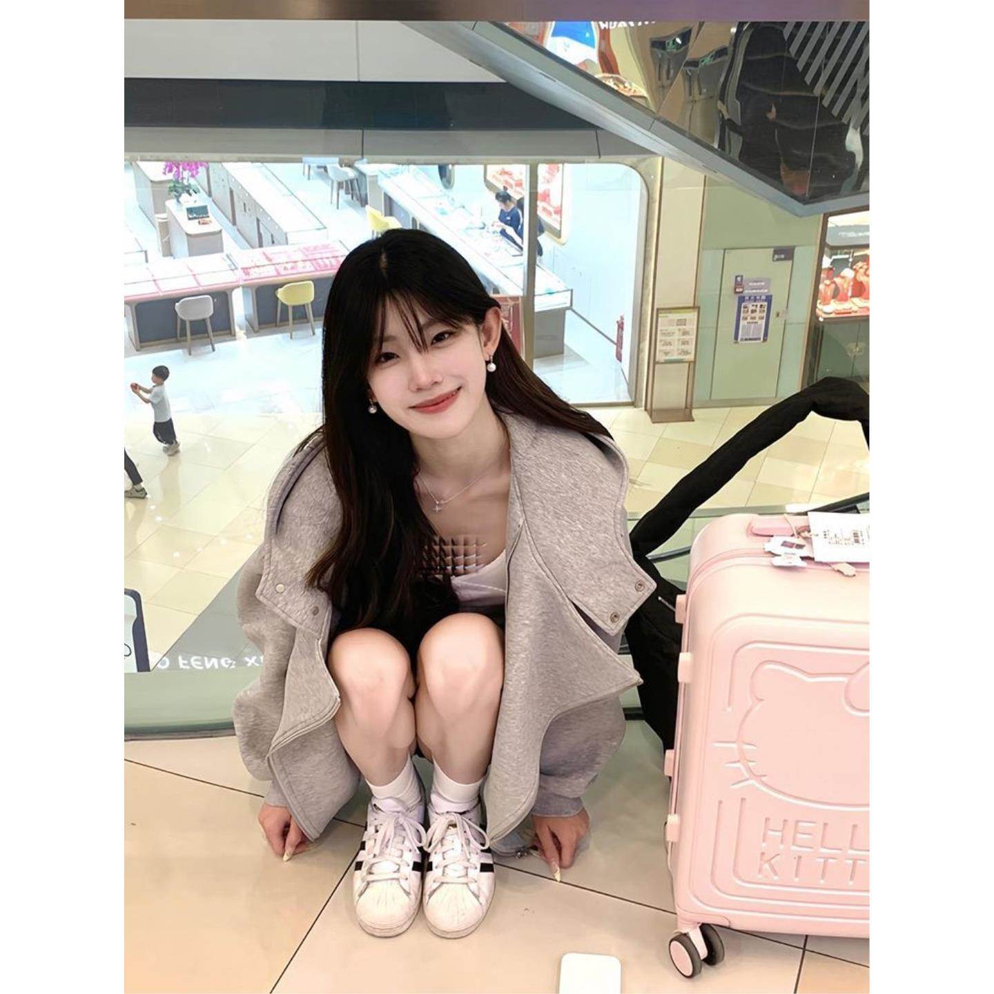 美式设计感不规则连帽卫衣女秋冬加绒加厚宽松开衫双拉链外套上衣