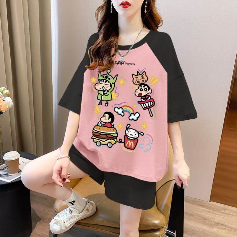 黑粉撞色插肩袖棉短袖短裤套装女夏季胖妹妹宽松休闲运动两件套