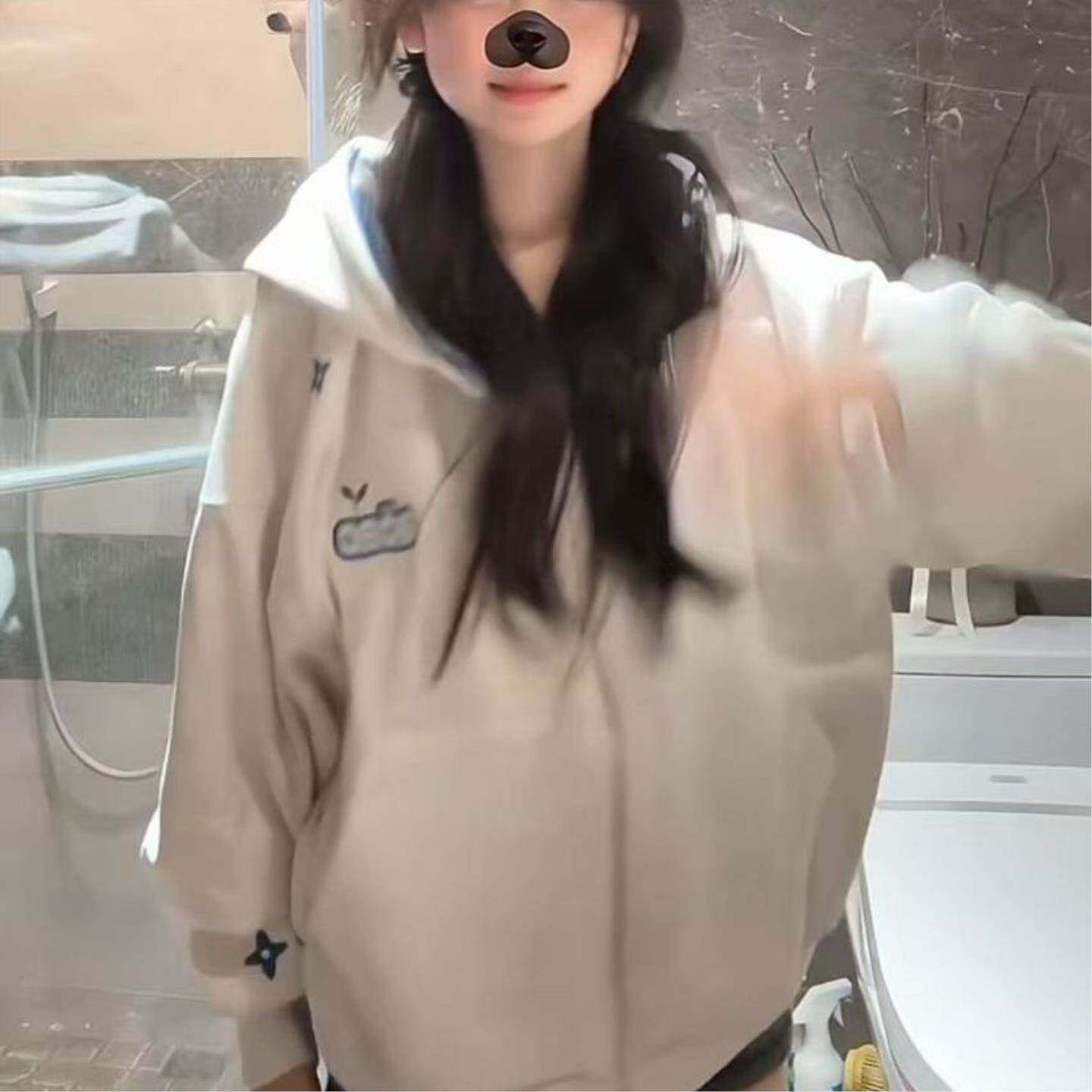 甜美少女!美式卫衣女春夏复古拼接格纹新款宽松连帽开衫慵懒外套