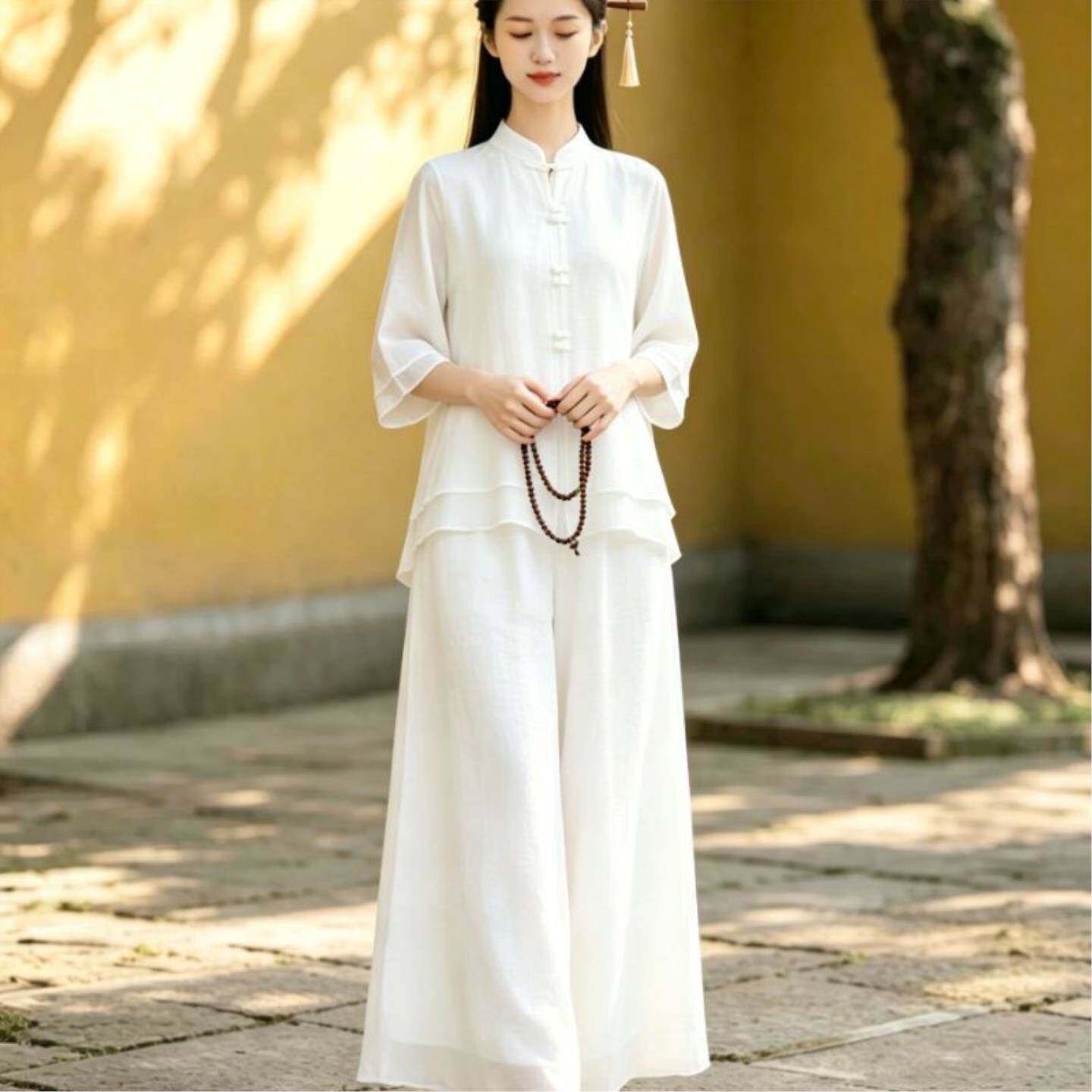 新中式禅意风女装盘扣茶服衬衫超仙气质太极服禅修服阔腿裤套装女