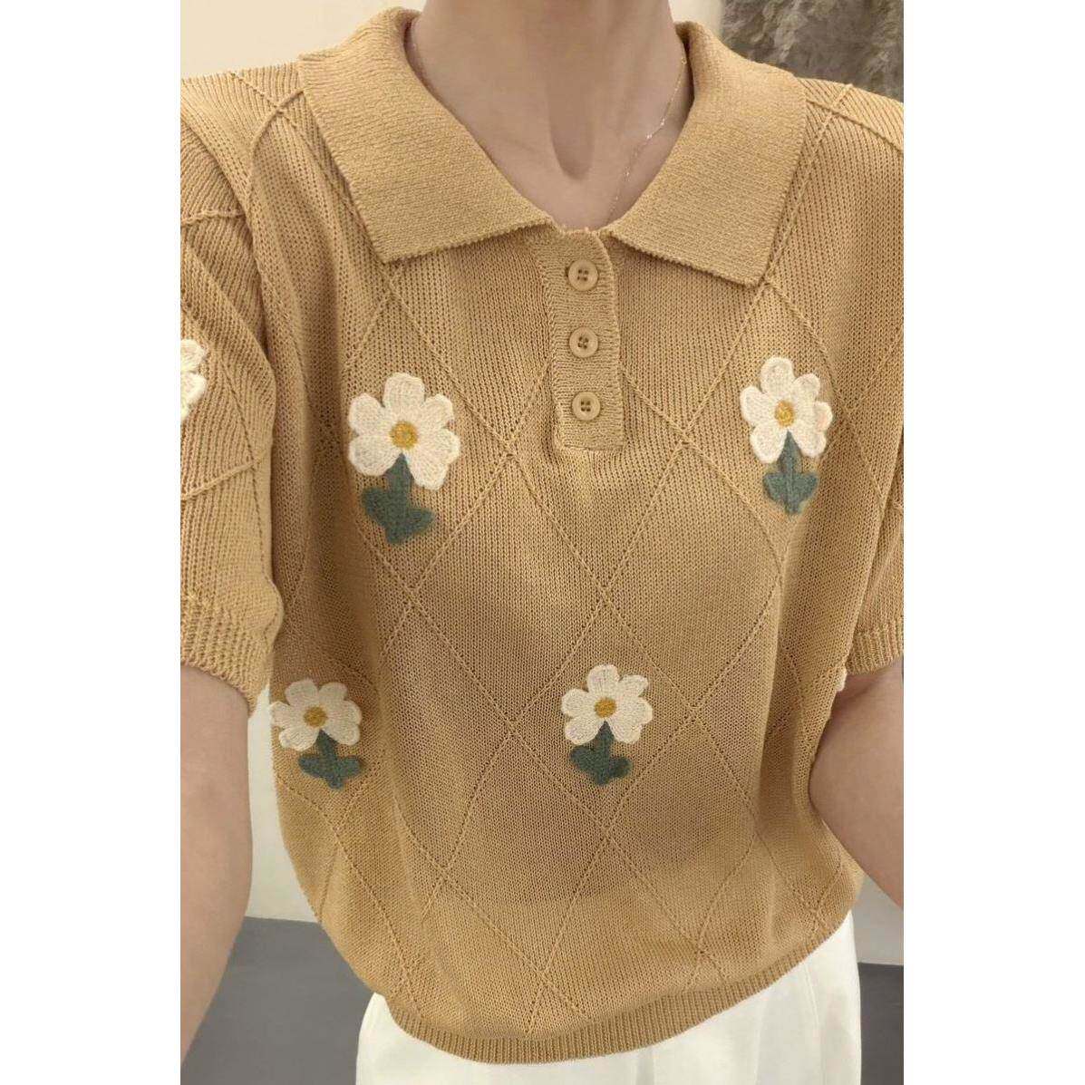 天丝亚麻针织衫夏季新款女士百搭重工刺绣花朵宽松POLO领上衣短袖