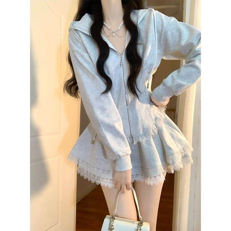 韩系甜美灰色连帽收腰卫衣高腰蕾丝花边蛋糕裙独特绝美小套装春秋