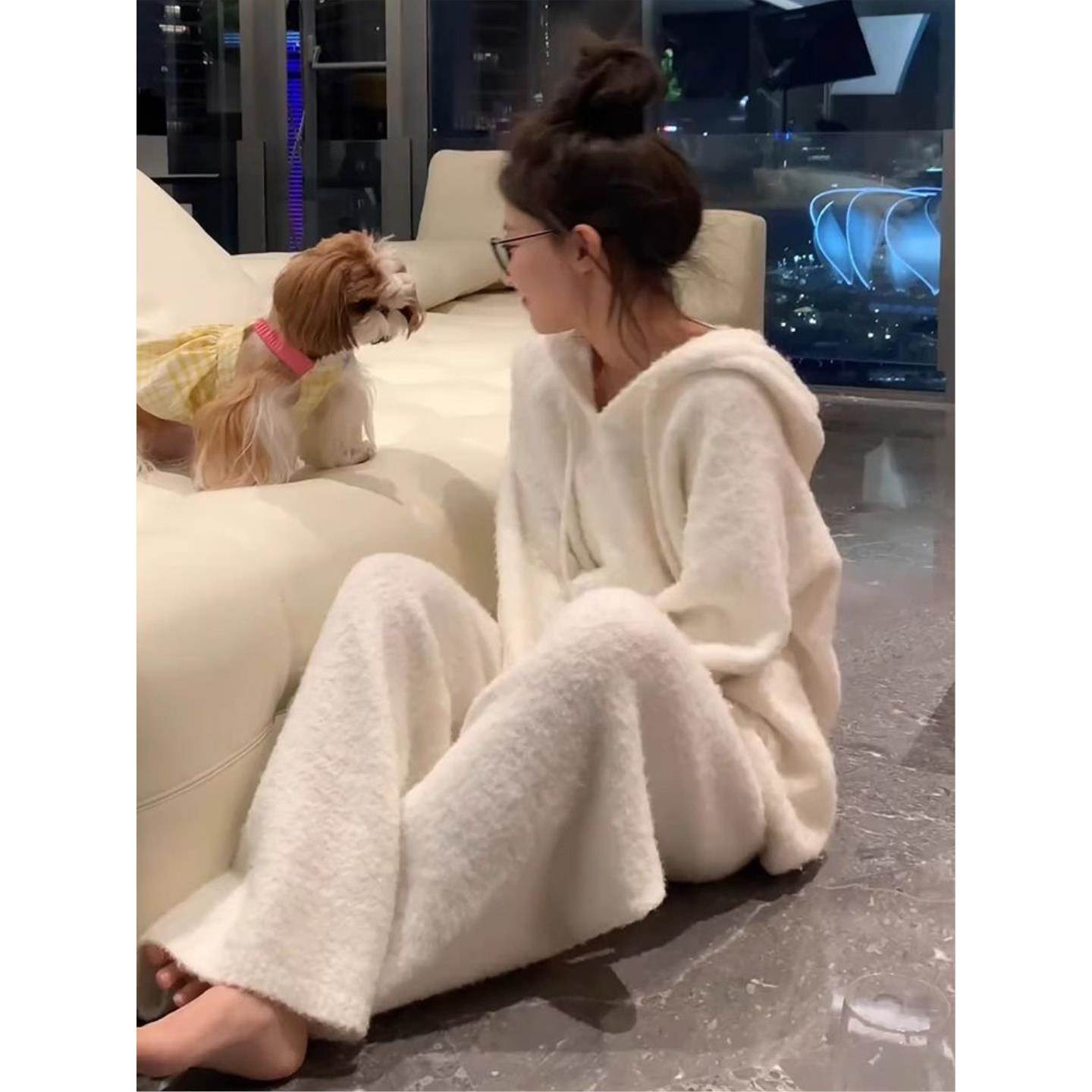 慵懒风休闲连帽毛衣套装女秋冬新款美拉德穿搭高腰阔腿长裤两件套