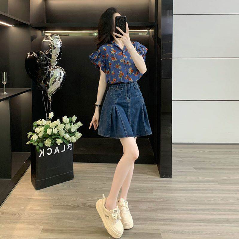 时尚套装女洋气减龄短袖印花衬衫高腰显瘦牛仔短裙两件套夏季薄款