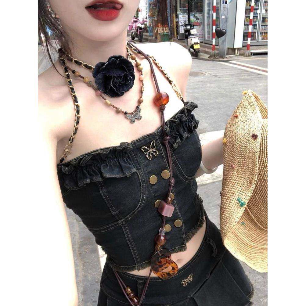 辣妹不规则牛仔吊带背心女夏季外穿修身显瘦收腰设计感抹胸上衣潮