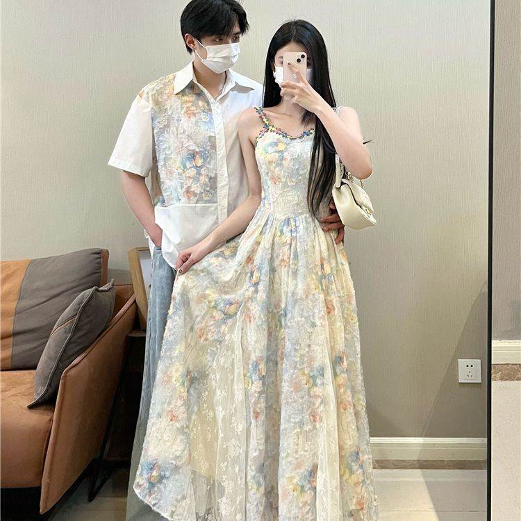 小众设计感情侣装夏季韩版短袖衬衫男女连衣裙法式一裙一衣ins潮