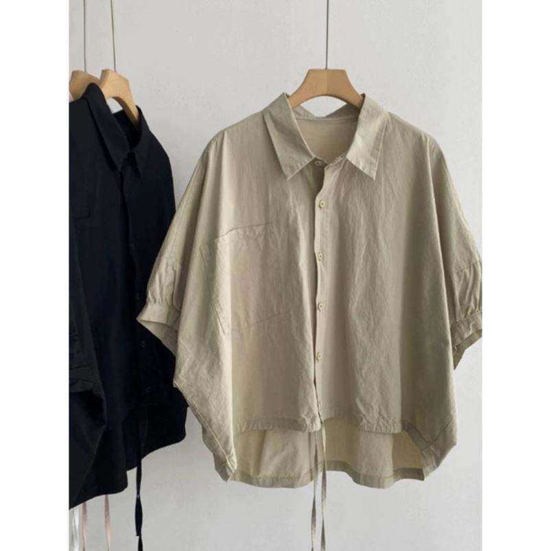 设计感蝙蝠袖五分袖衬衫女夏季新款宽松显瘦小众文艺棉质衬衣上衣