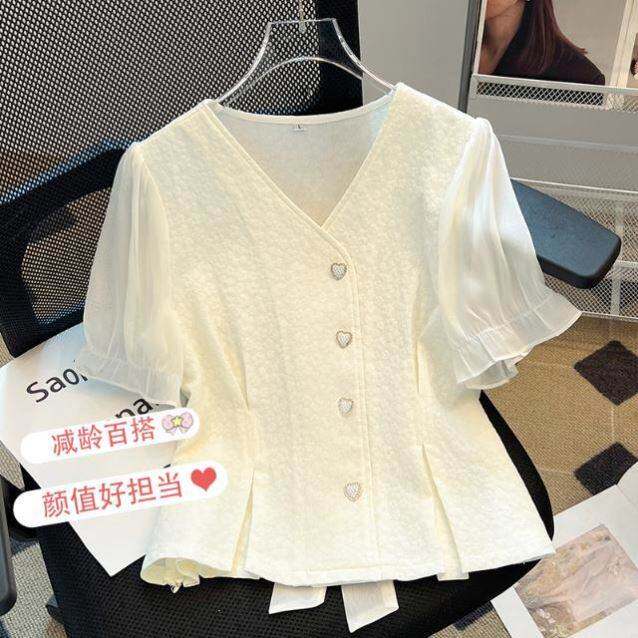 韩版温柔风洋气领短袖衬衫女夏装新款后背蝴蝶结设计感小众衬衣
