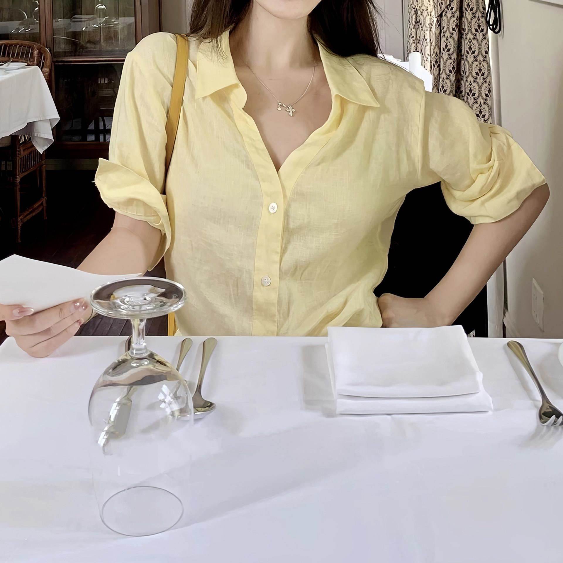 多巴胺黄色通勤半袖短袖衬衫衬衣女2026新款夏季穿搭法式绝美上衣