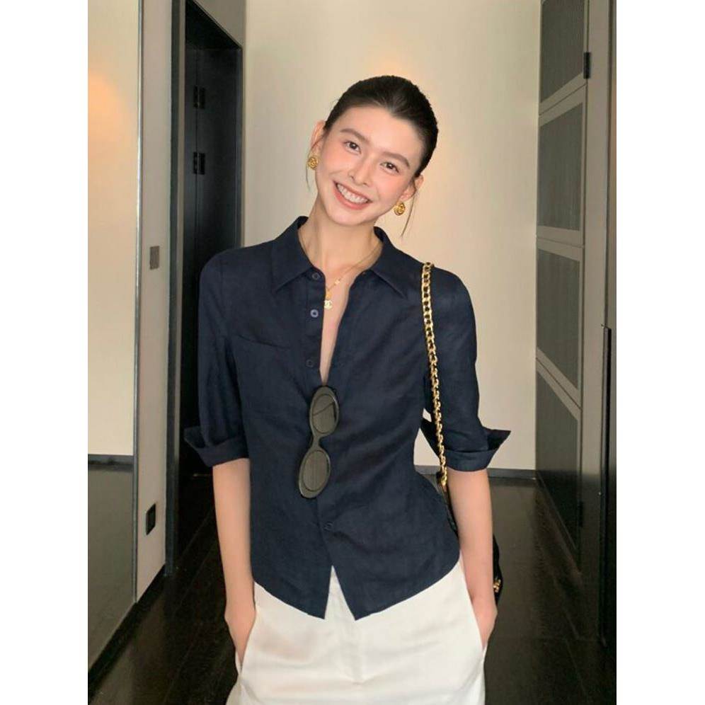 法式亚麻掐腰中袖衬衫正肩短款女春夏超好看棉麻衬衣收腰短款上衣