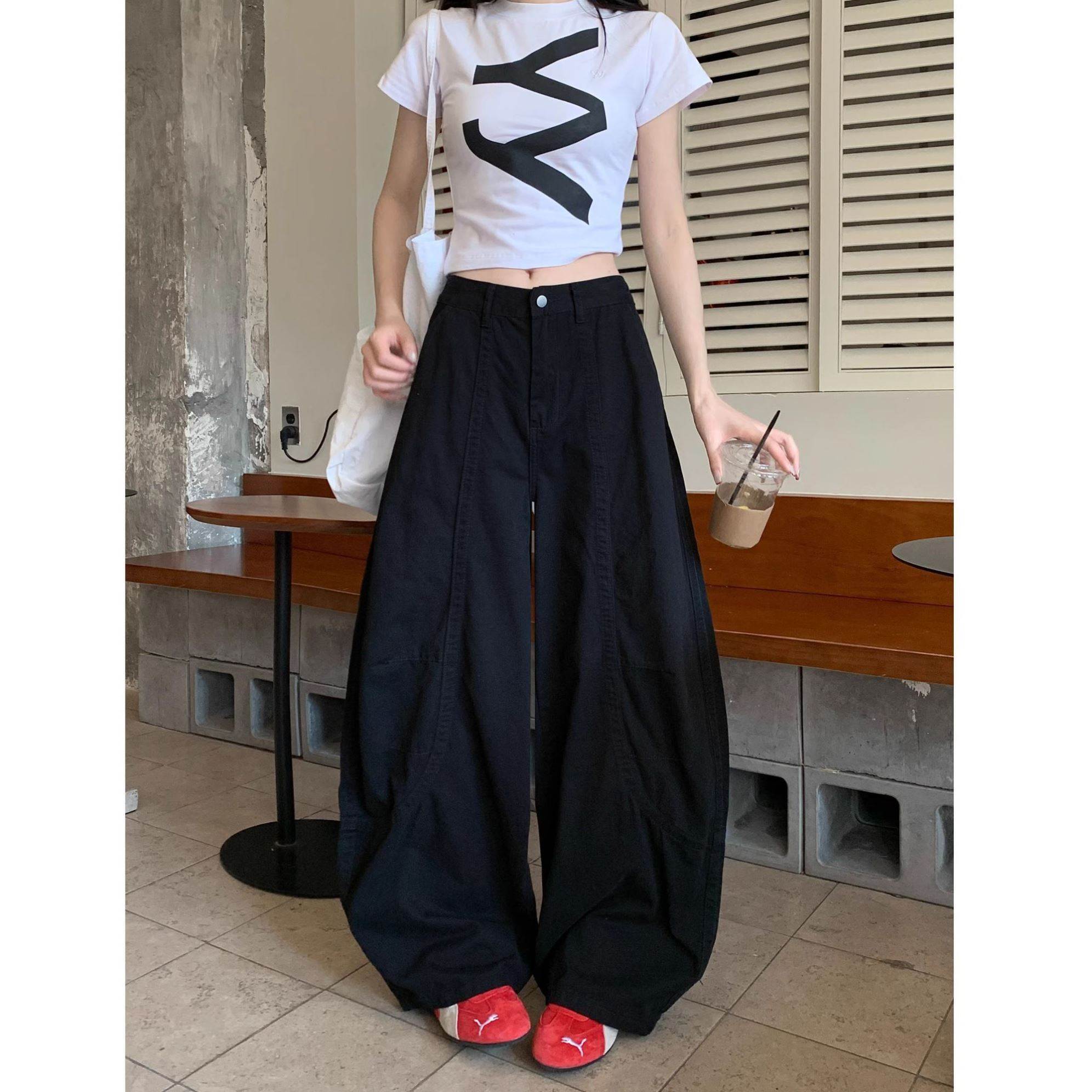 美式复古棕卡其色拼接休闲裤子女春季新款高腰宽松显瘦阔腿高级裤