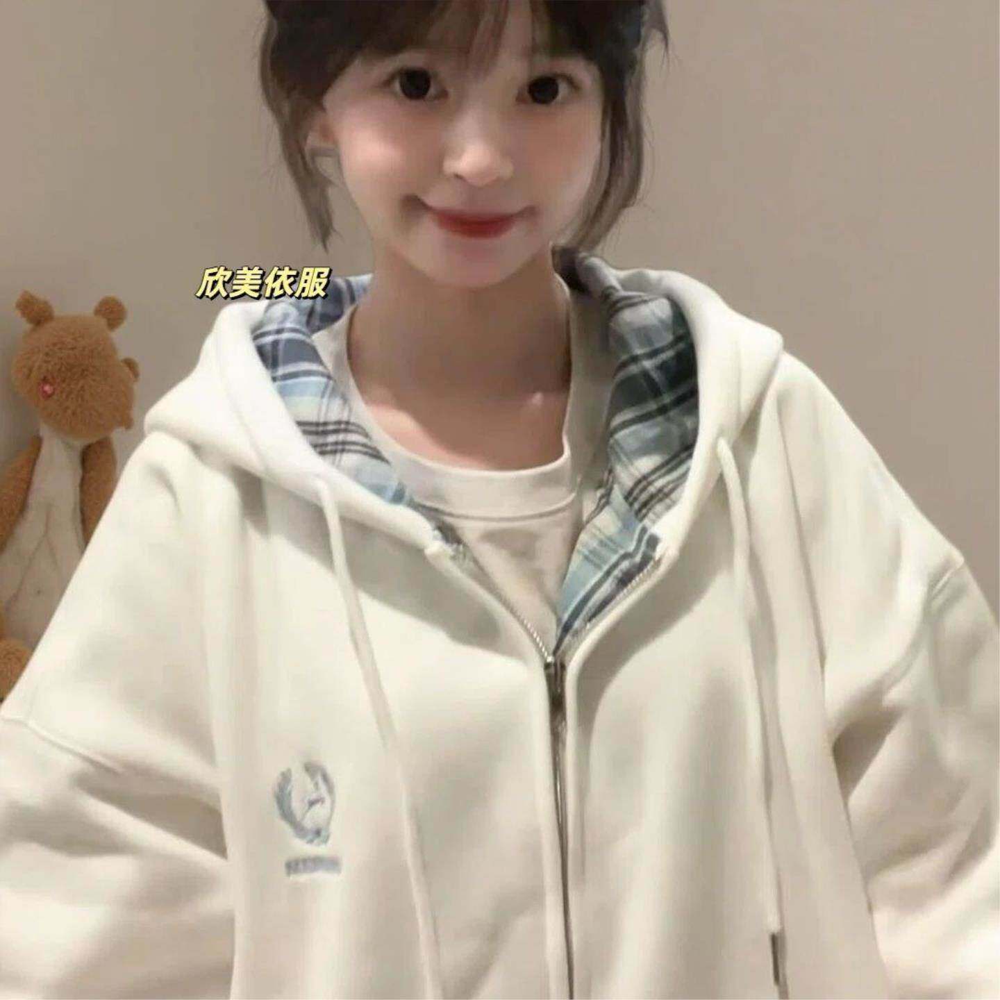 甜美少女美式复古开衫拼接学院风连帽卫衣女学生INS加绒韩版外套
