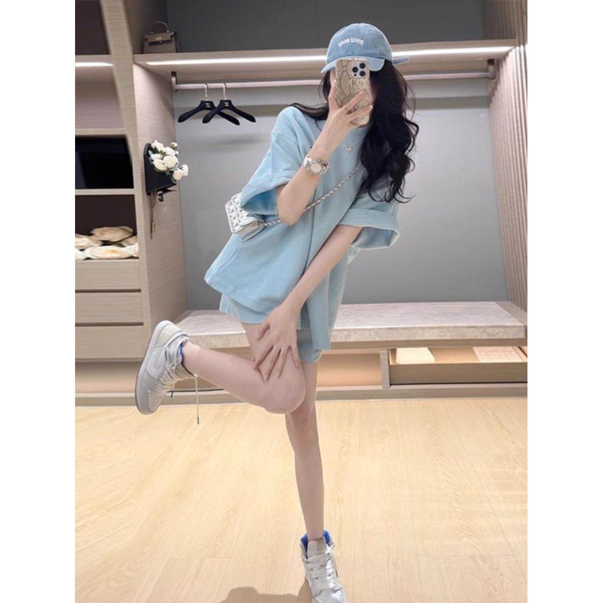 蓝色运动服套装女夏季学生韩版宽松慵懒风时尚短袖短裤休闲两件套