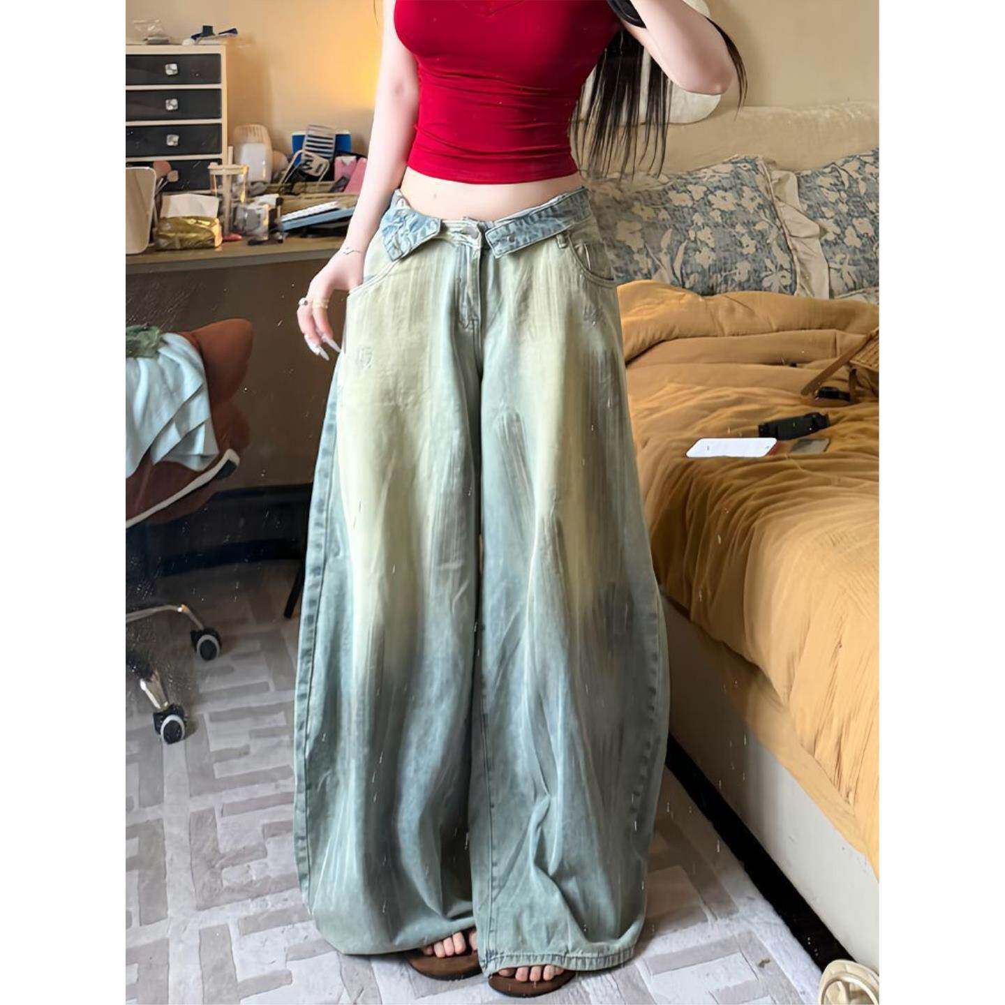 美式辣妹设计感翻折腰头牛仔裤子女夏季薄款复古做旧脏染拖地长裤
