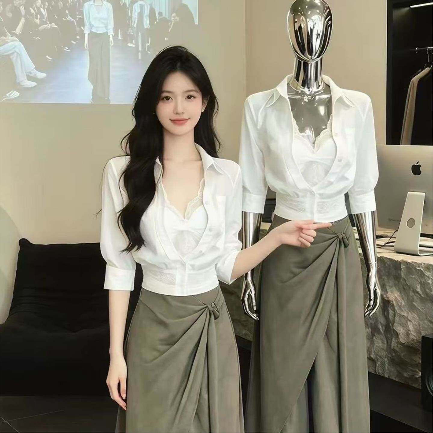 韩系纯欲风白色Polo领蕾丝五分袖衬衫女早秋气质轻奢高级小众女装