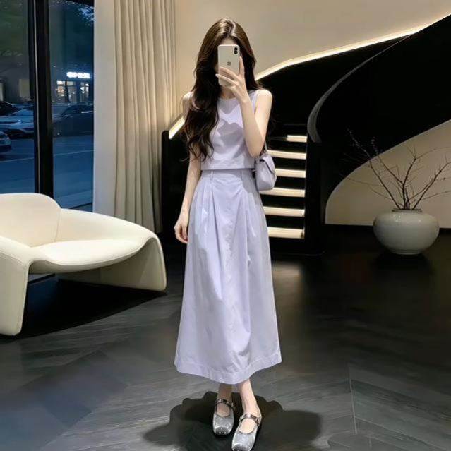 韩系巨好看绝美穿搭紫色无袖背心套装连衣裙子女夏季时尚新款长裙