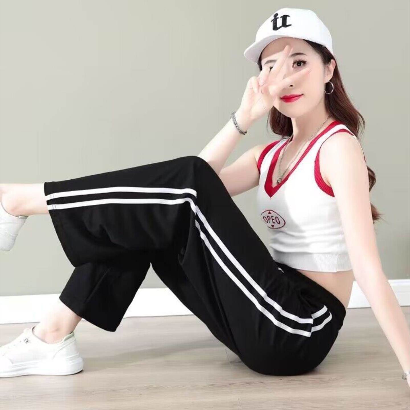 秋季新款冰丝棉麻薄款休闲裤宽松阔腿显瘦垂感女士休闲运动跳舞裤