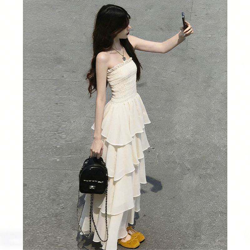 韩版甜辣妹超仙抹胸蛋糕连衣裙女2026夏季新款设计感荷叶边长裙子