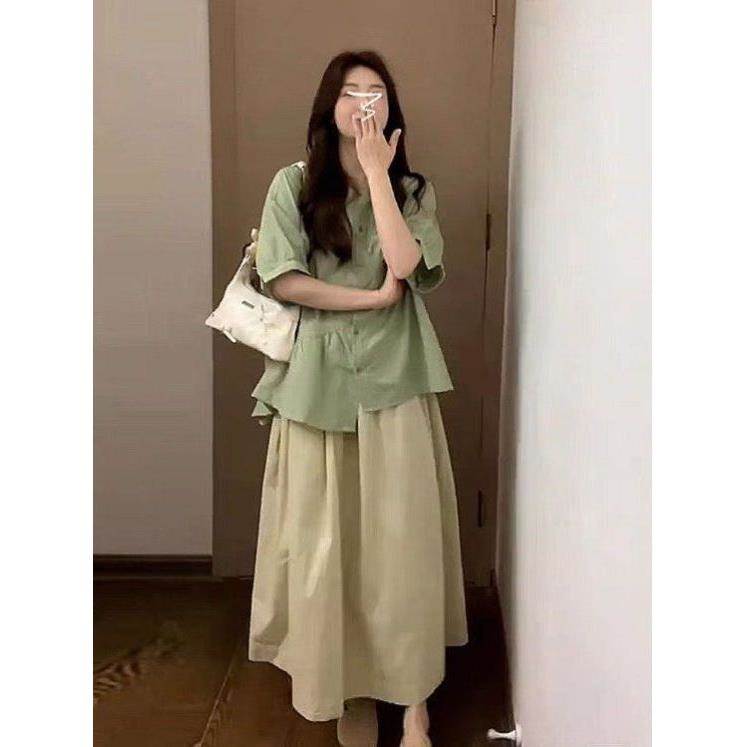 减龄搭配一整套夏装新中式国风禅意清冷绿色衬衫半身裙子两件套装