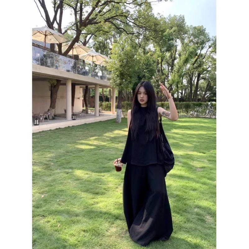 老钱风休闲运动套装女夏季学生宽松无袖背心时尚高腰阔腿裤两件套