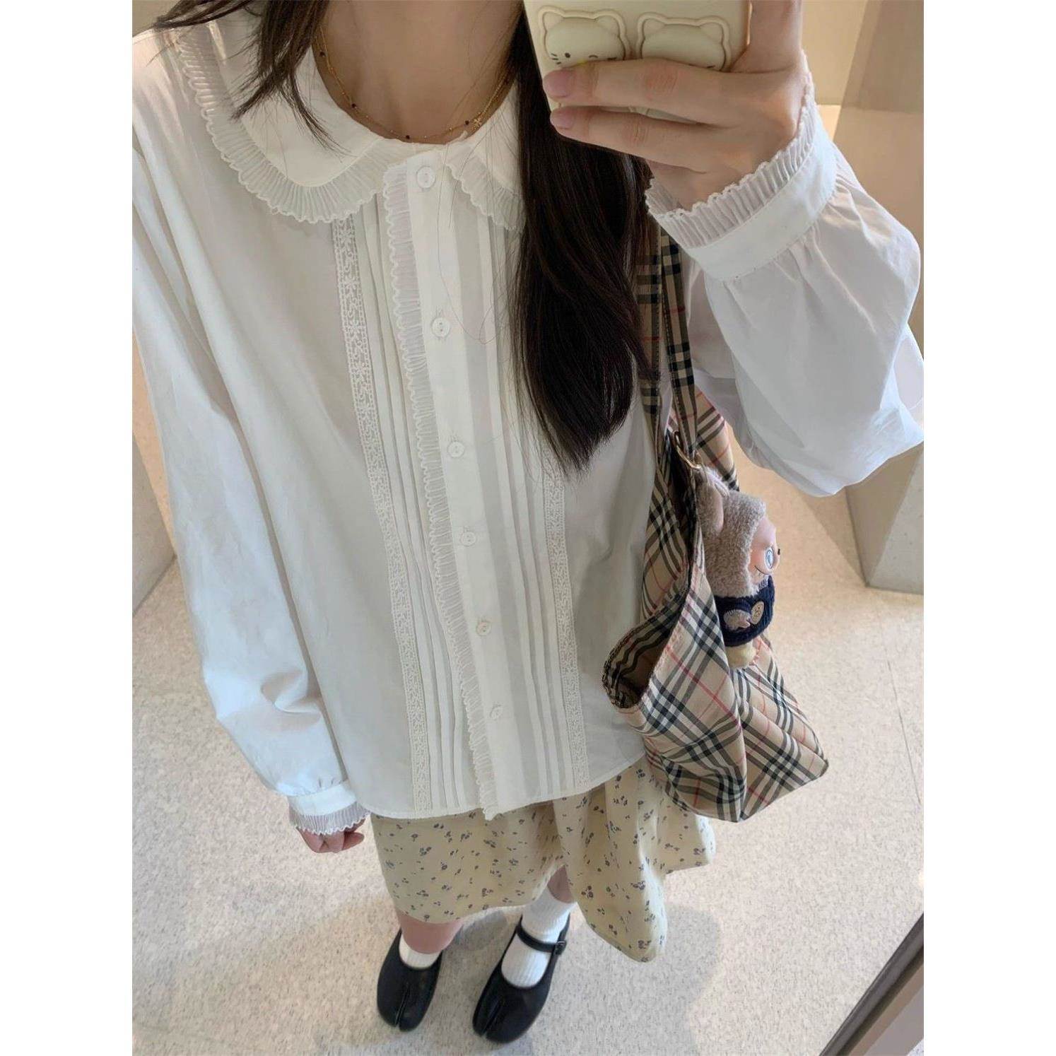甜美法式白色蕾丝娃娃长袖衬衫女学院风新款外穿内搭衬衣上衣