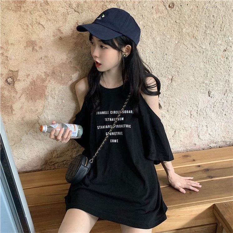 露肩小众设计中长款短袖T恤女夏季原宿风宽松显瘦独特洋气黑上衣