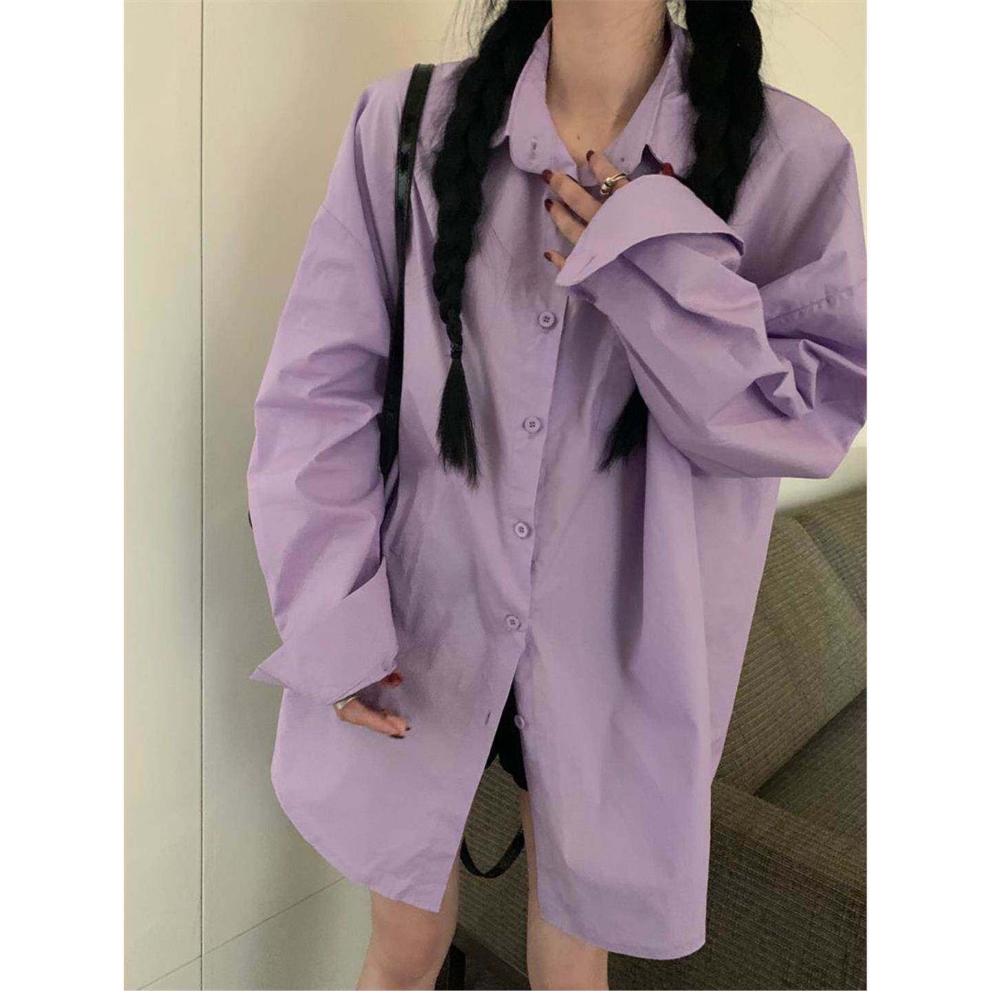 紫色衬衫女2026春秋季新款宽松百搭中长款设计感小众休闲长袖衬衣