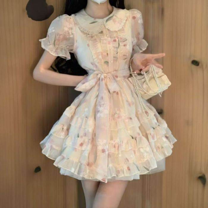 奶甜温柔碎花娃娃领连衣裙夏季少女感超仙气质减龄收腰系带公主裙