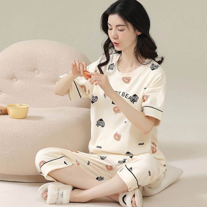 2026夏季女款宽松睡衣女短袖七分裤夏天女士两件套装可外穿家居服