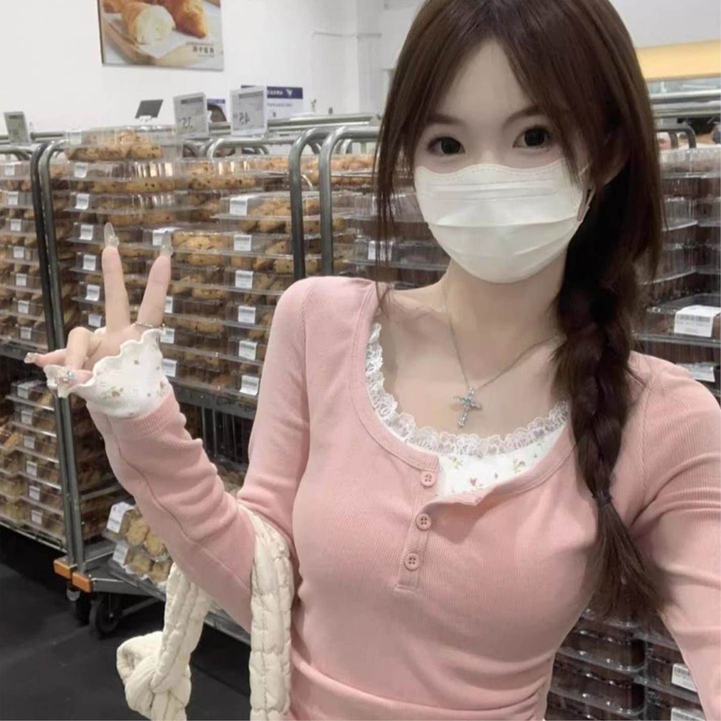 德绒纯欲风正肩假两件长袖t恤女秋新款修身显瘦低领内搭小众上衣