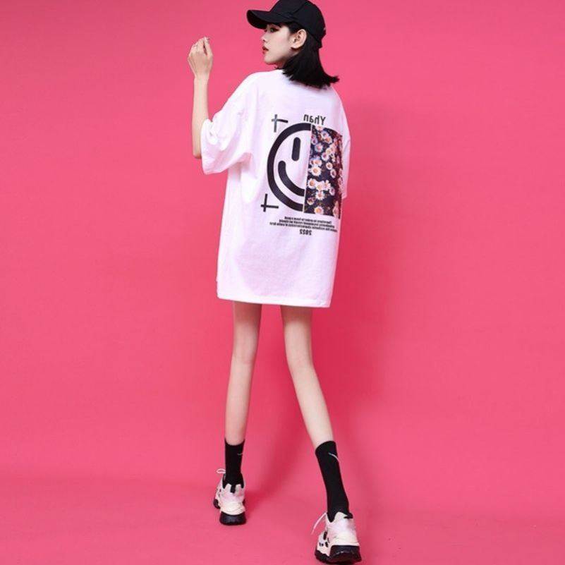 白色短袖大版大t恤女夏宽松棉中长款遮屁股遮臀薄上衣下衣失踪