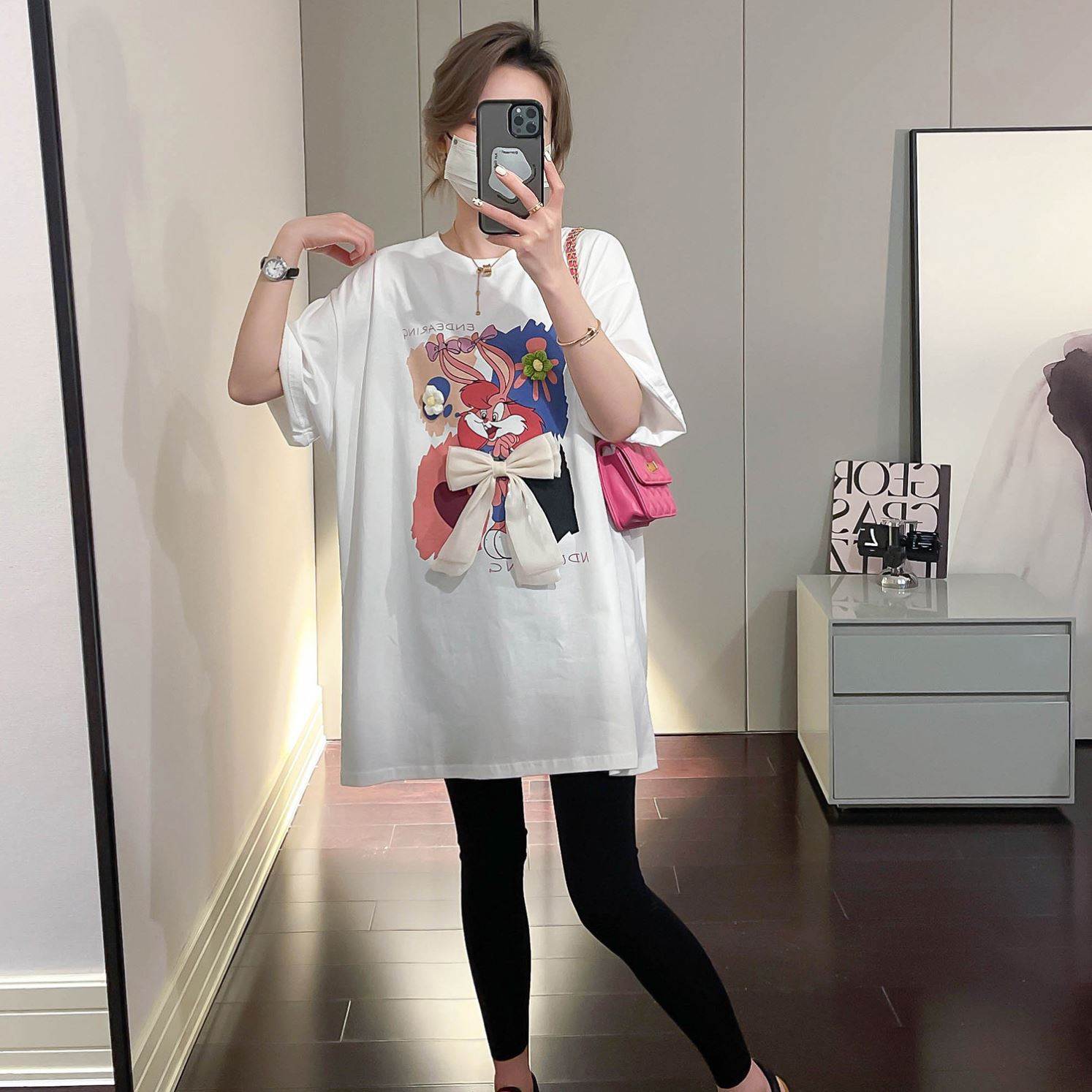 棉恤女夏季新款韩版圆领中长款短袖卡通立体蝴蝶结设计感上衣