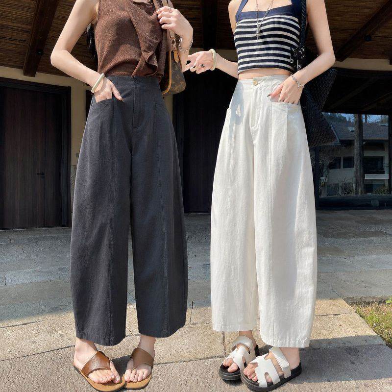 白色2026夏季新款阔腿九分弯刀裤女小个子高腰韩版休闲哈伦裤子