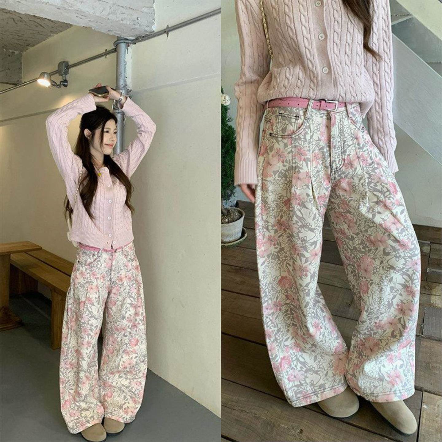 早春粉色碎花阔腿裤女小众设计感版型超好看宽松百搭休闲长裤