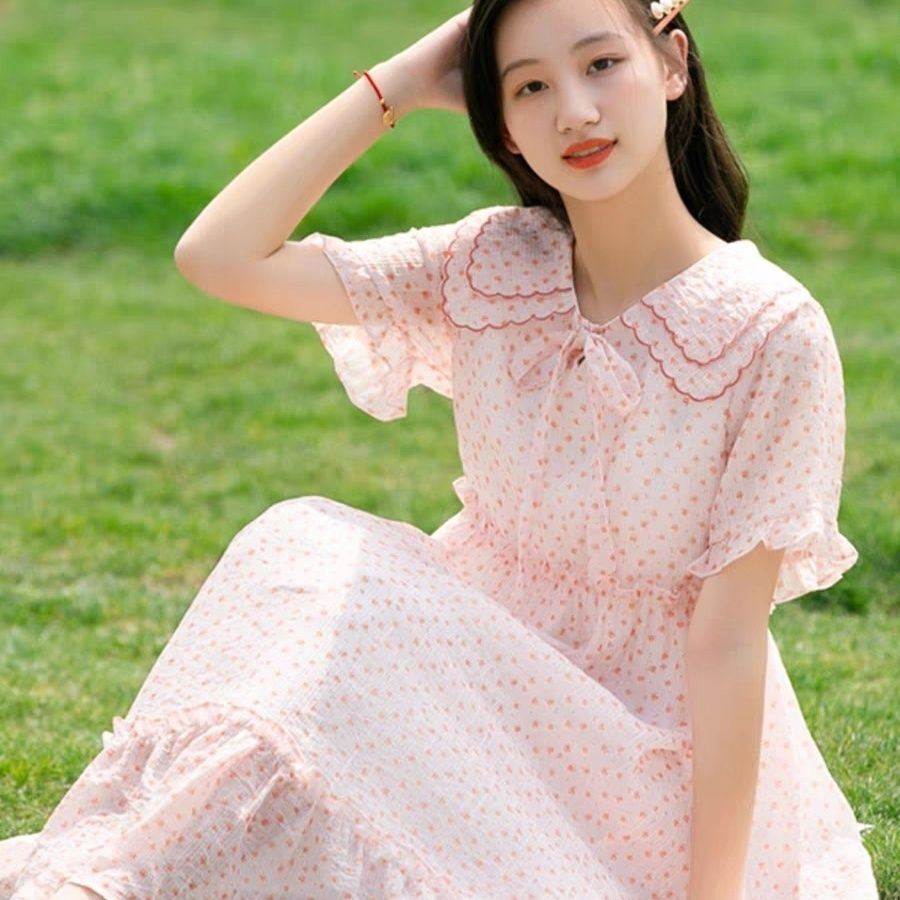 连衣裙初中高中女学生气质甜美碎花过膝中长裙子夏季新款