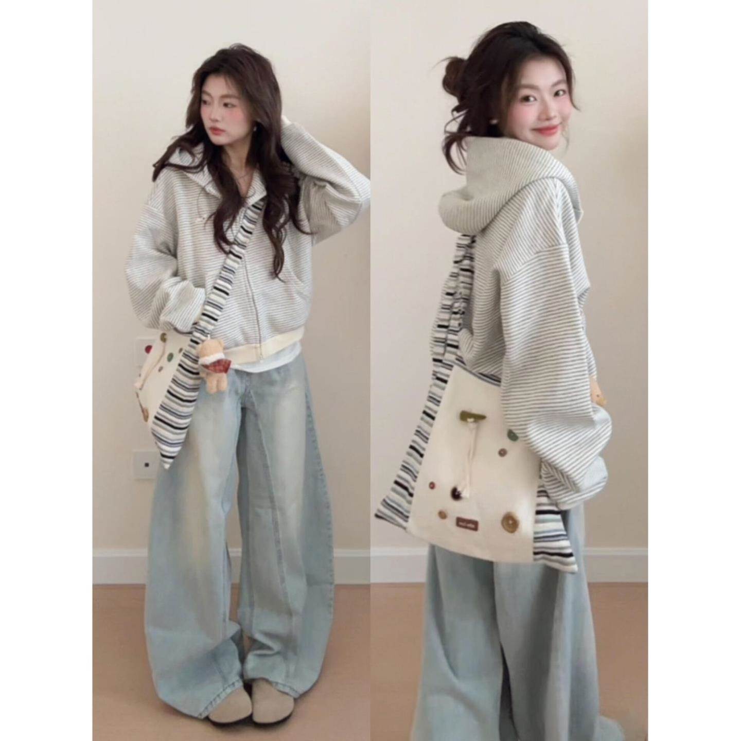 美式设计感韩系连帽卫衣女春秋宽松条纹薄款韩版开衫外套