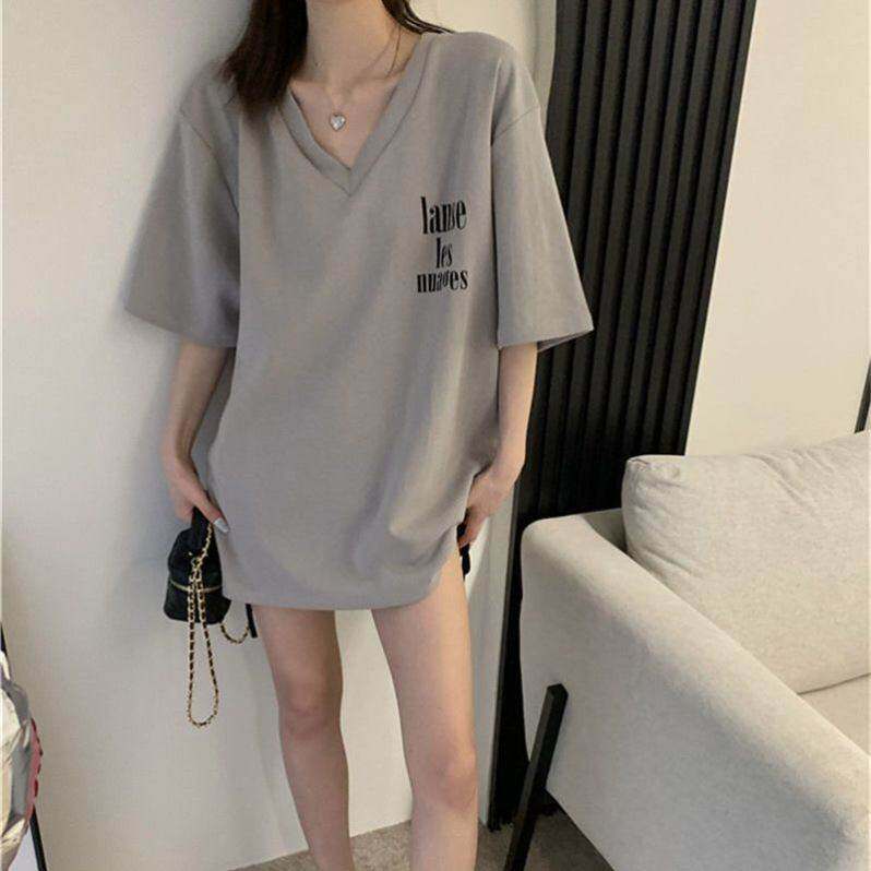 灰色V领短袖t恤女夏季欧货大版宽松百搭遮臀上衣休闲潮牌半袖体恤