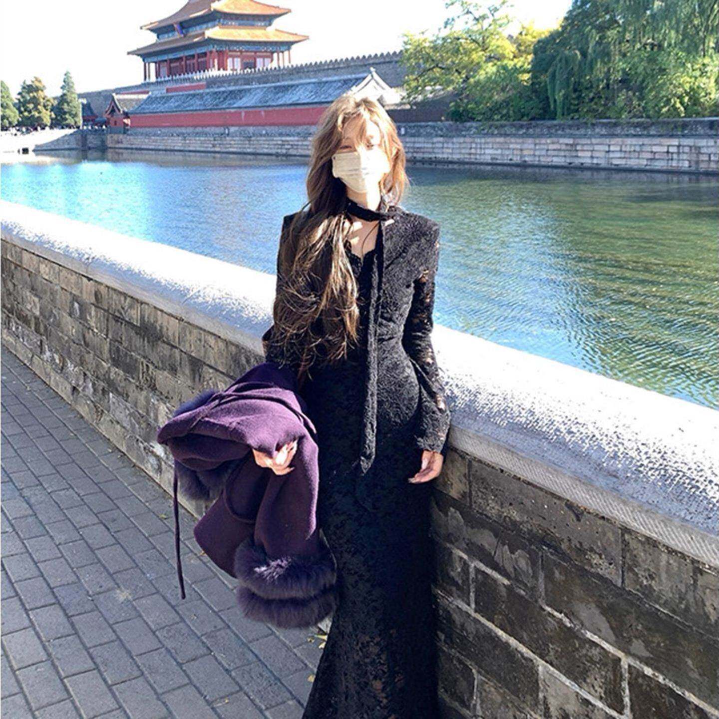 V领蕾丝长袖内搭打底连衣裙女2026春季新款收腰显瘦包臀鱼尾裙子