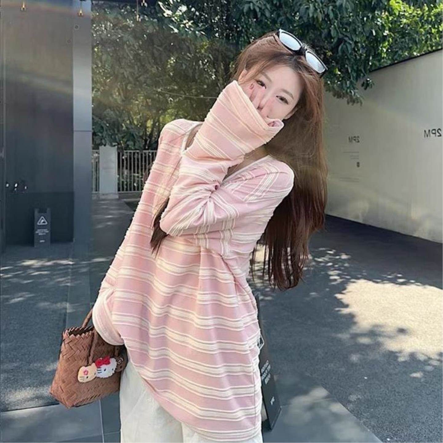 初秋少女感条纹撞色T恤女慵懒风减龄休闲打底衫上衣宽松防晒长袖