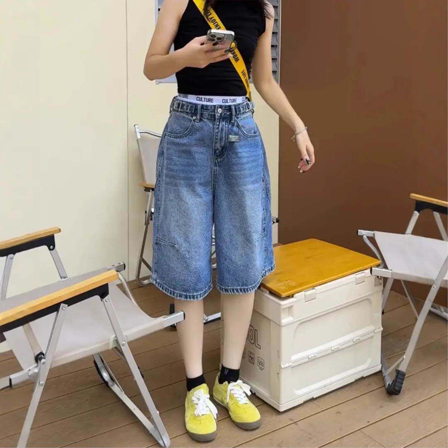 夏季新款大码时尚设计阔腿牛仔中裤女胖妹妹高腰显瘦宽松五分裤子