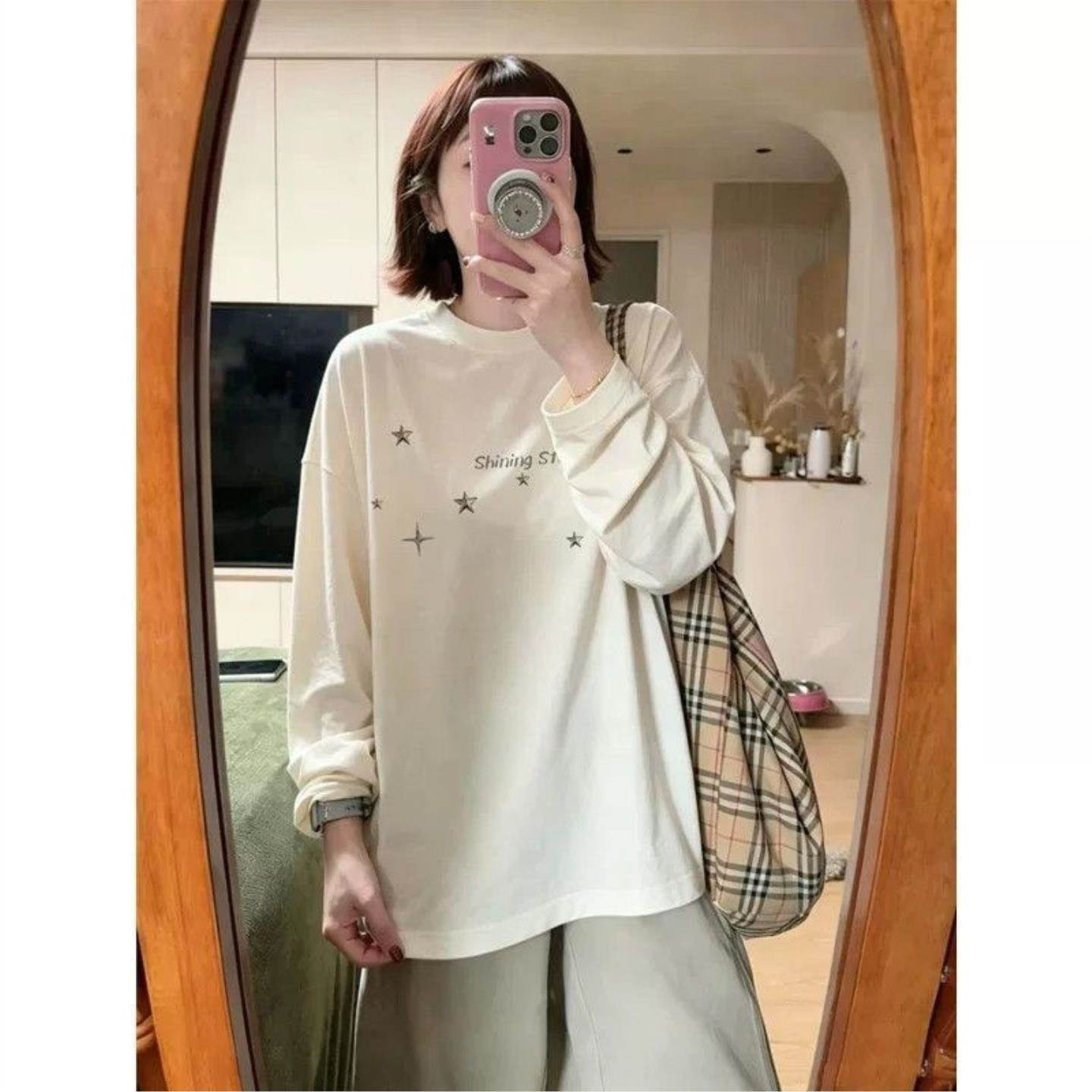 美式星星上衣初中生t恤女春秋新款宽松慵懒风设计感小众风上衣