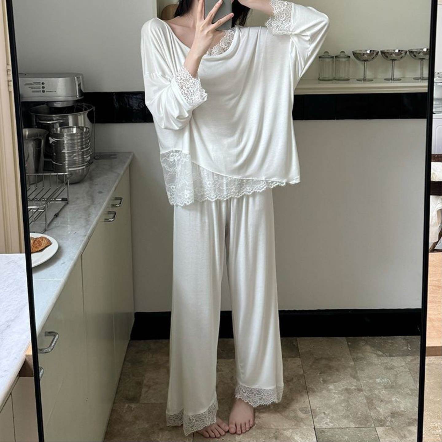 性感纯色蕾丝花边露肩睡衣女春秋季新款韩系纯欲风长袖长裤家居服