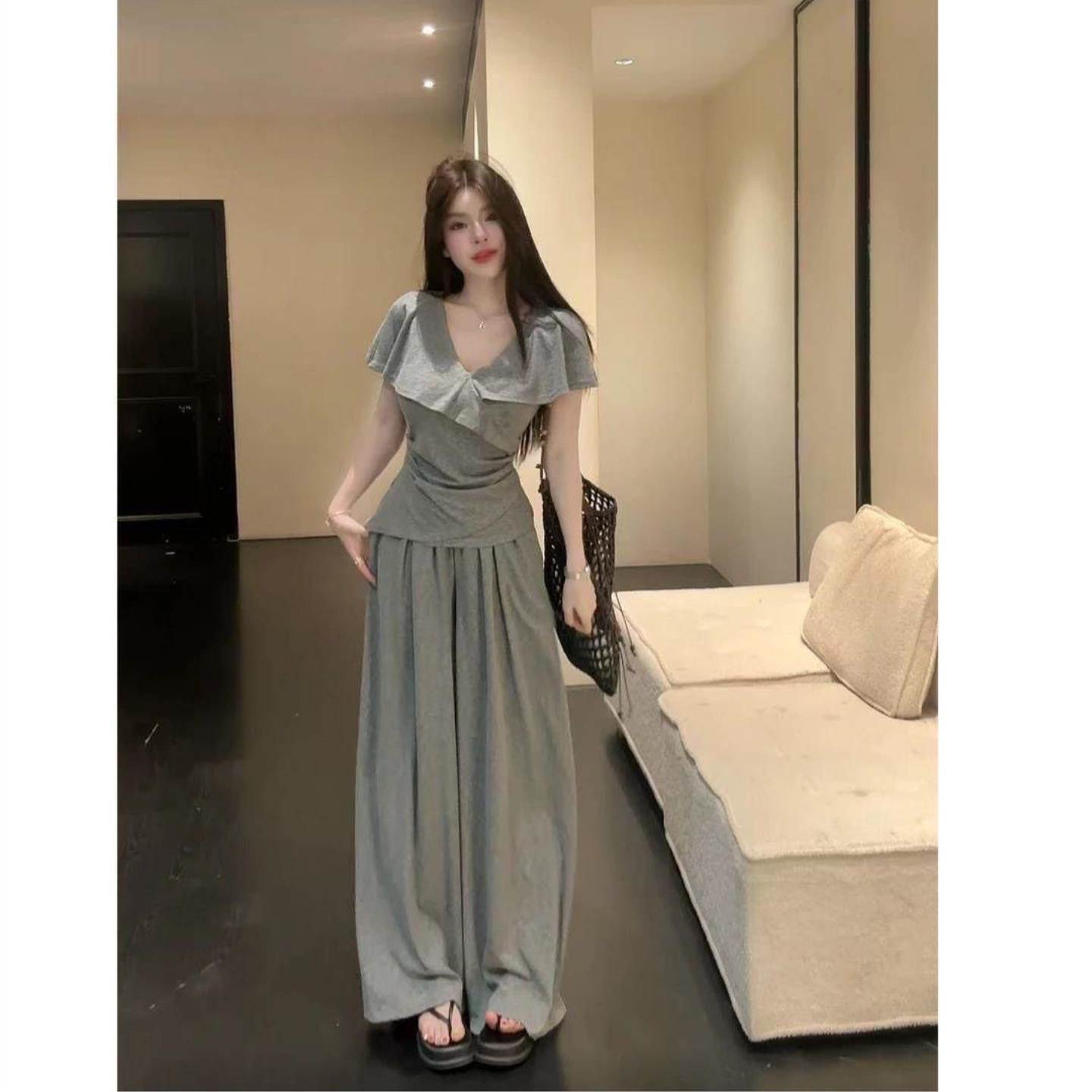韩版高级感荷叶边拼接v领收腰短袖t恤阔腿裤女2026秋季新款两件套