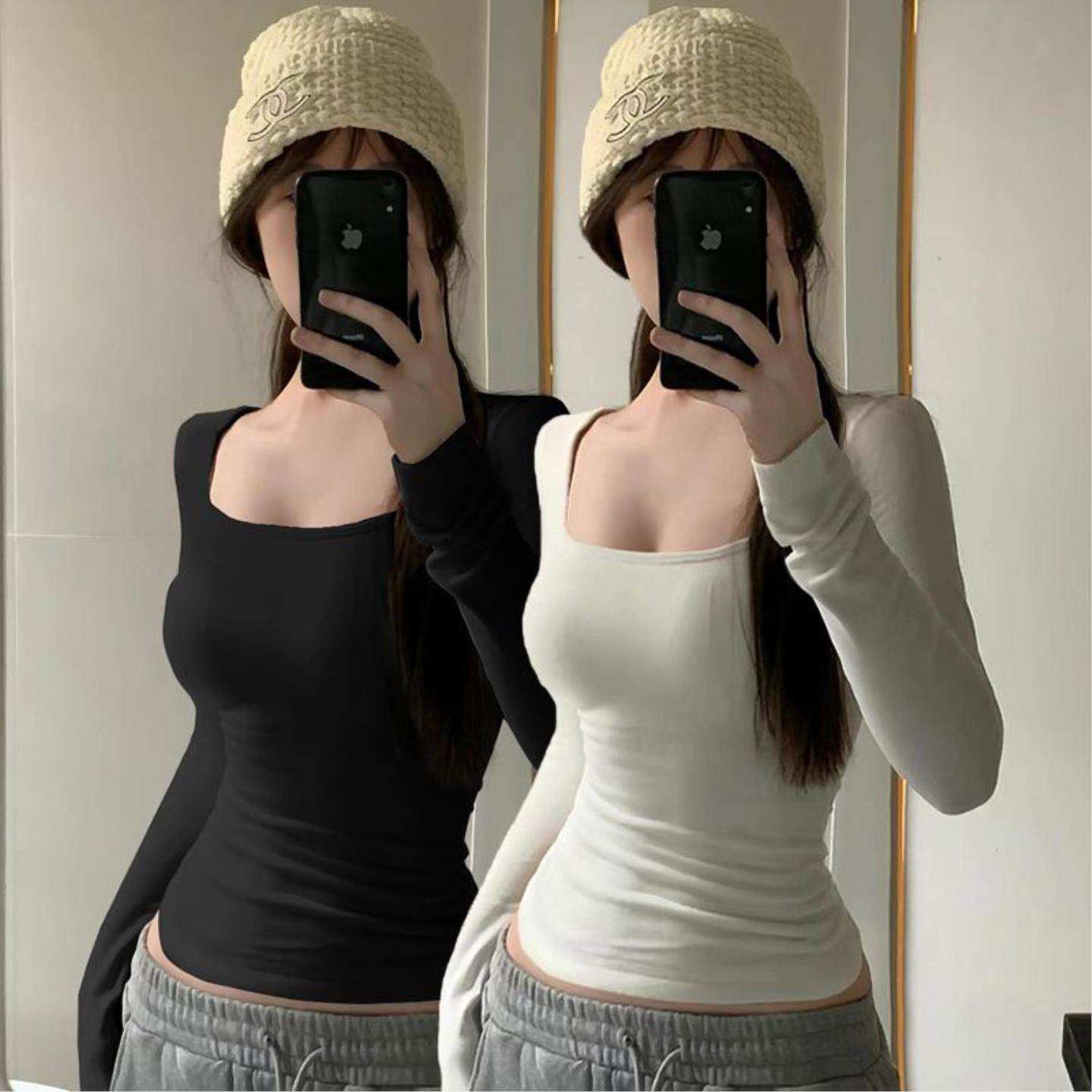 莫代尔纯欲风长袖T恤女秋冬修身显瘦打底衫收腰低领正肩内搭上衣
