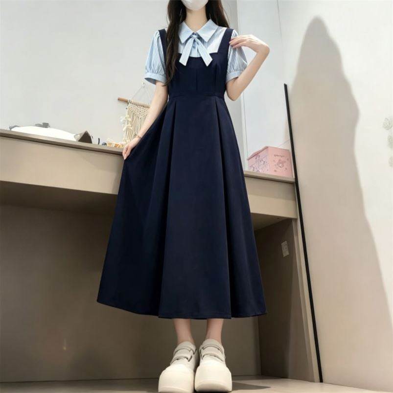 假两件polo领少女衬衫连衣裙女大童夏季初高中学生学院风过膝裙子