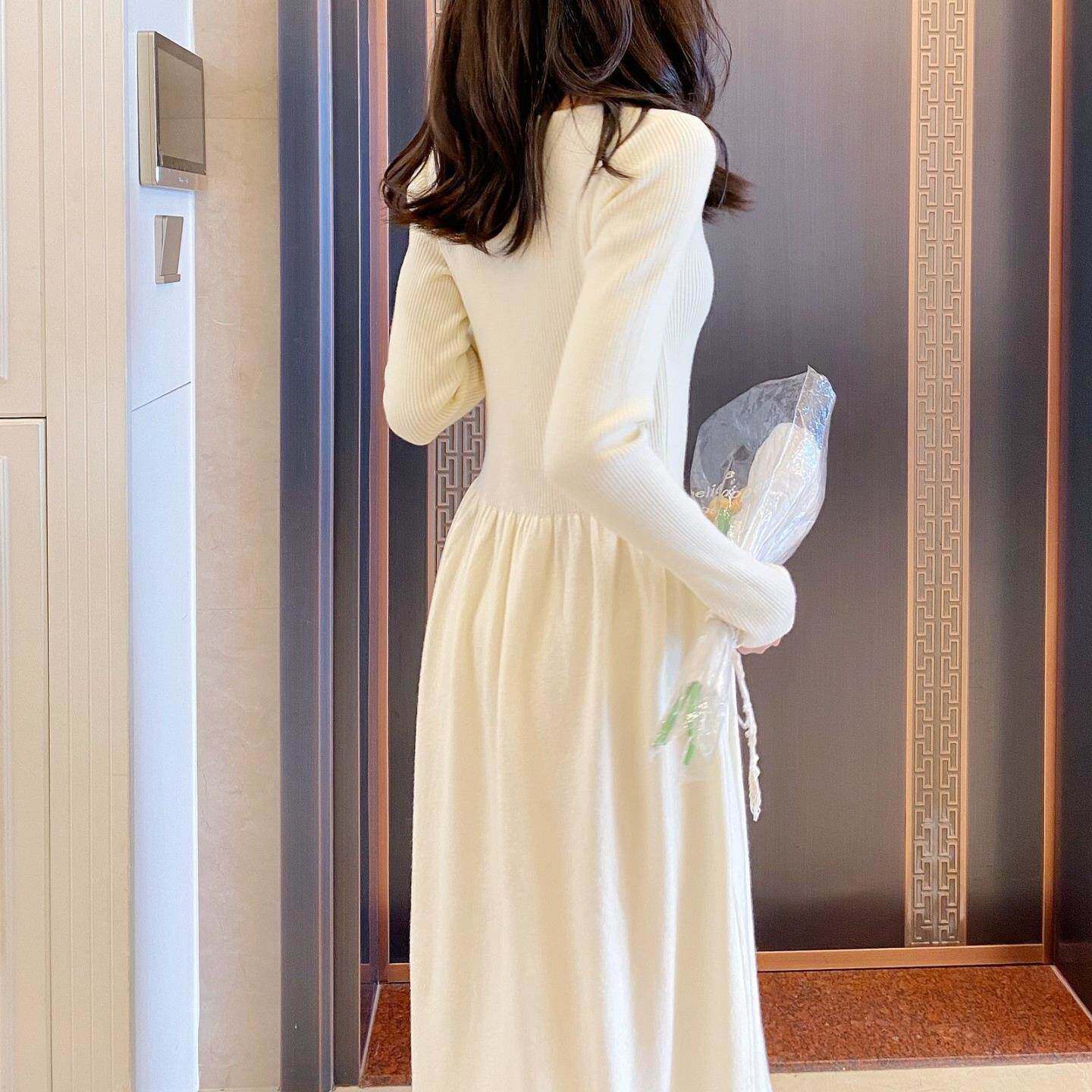 爆款长袖V领针织连衣裙女春夏新款气质修身显瘦内搭高腰打底裙子