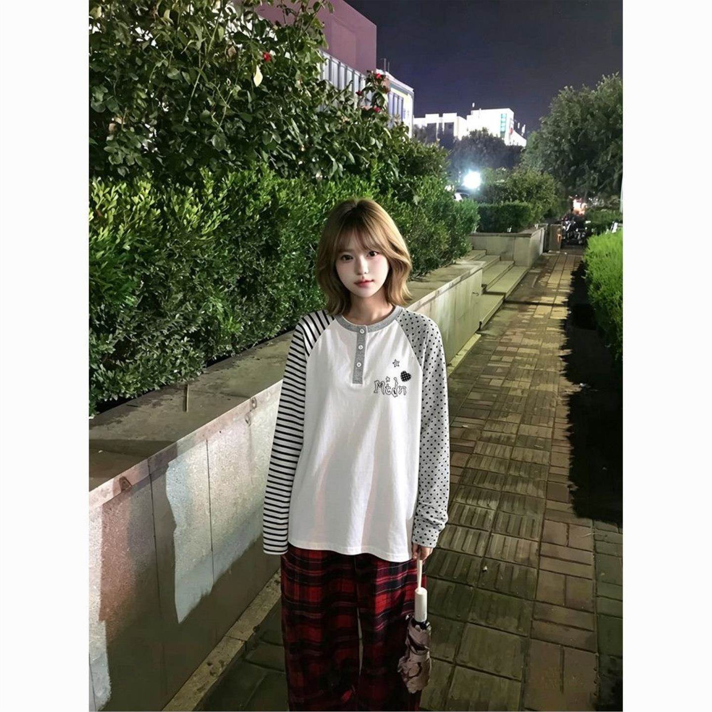 波点条纹拼接亨利领纽扣撞色插肩长袖女印花复古T恤潮情侣上衣男