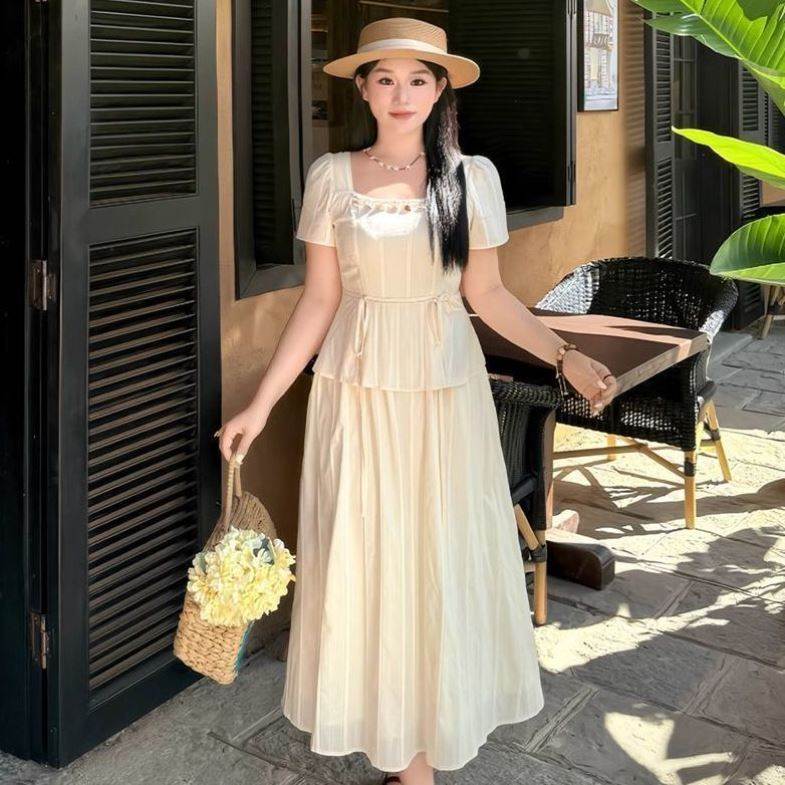 大码女装夏季裙子连衣裙女梨形身材微胖妹妹mm假两件收腰显瘦长裙