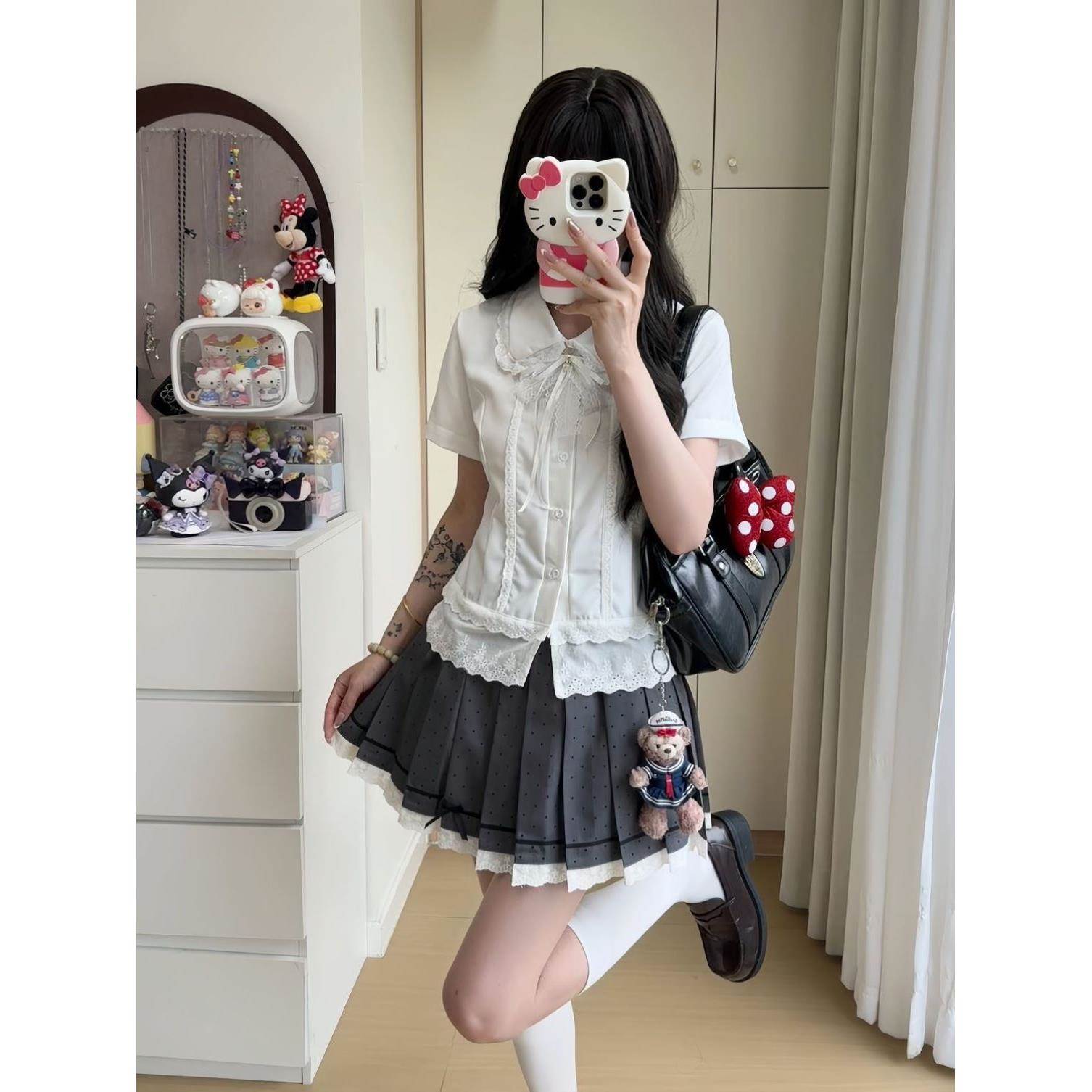 上衣学院风蕾丝花边娃娃领白色短袖衬衫夏季制服女